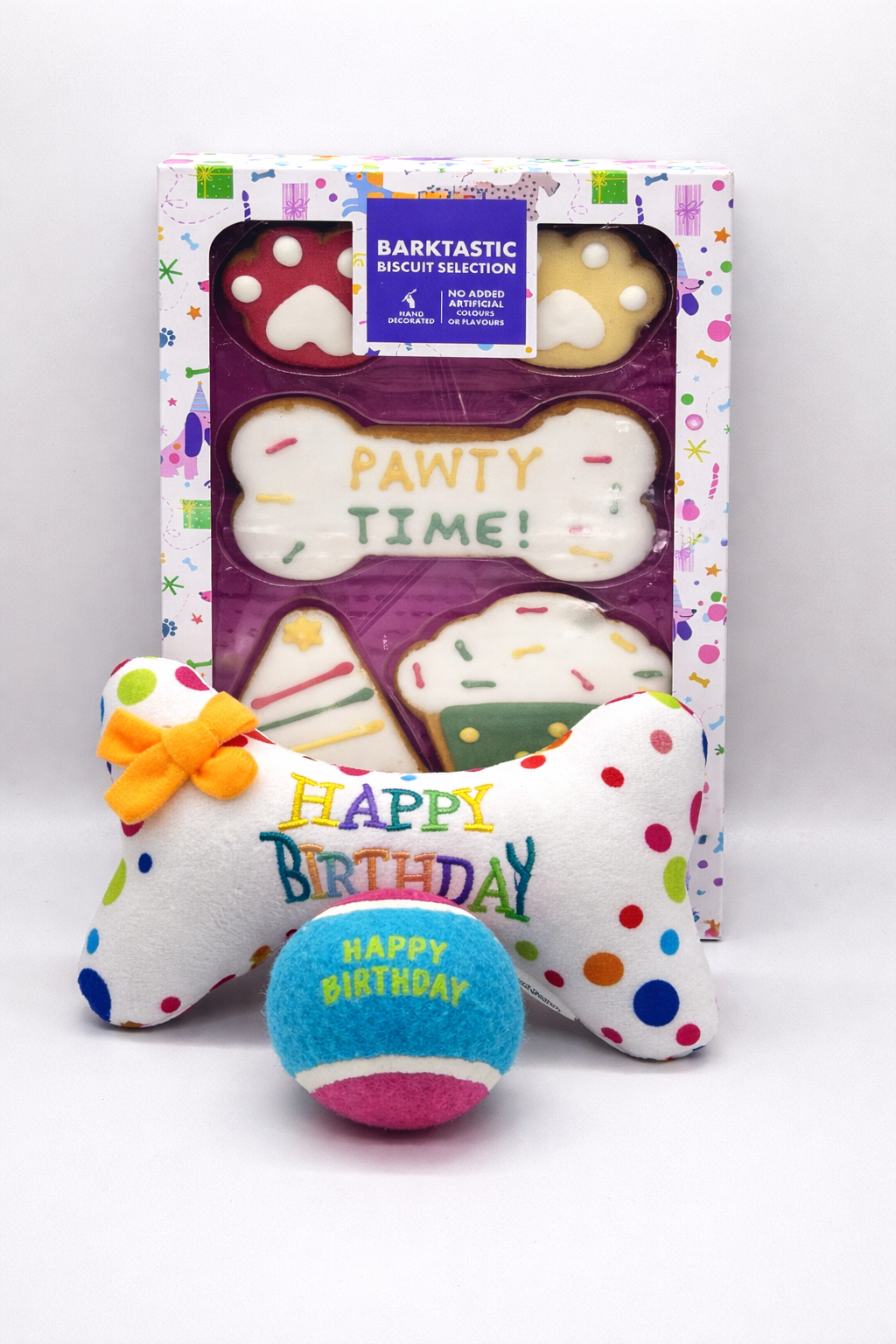 Personalised Pet Birthday Gift Set – Dog Birthday Toy & Biscuit Box (Blue or Pink)