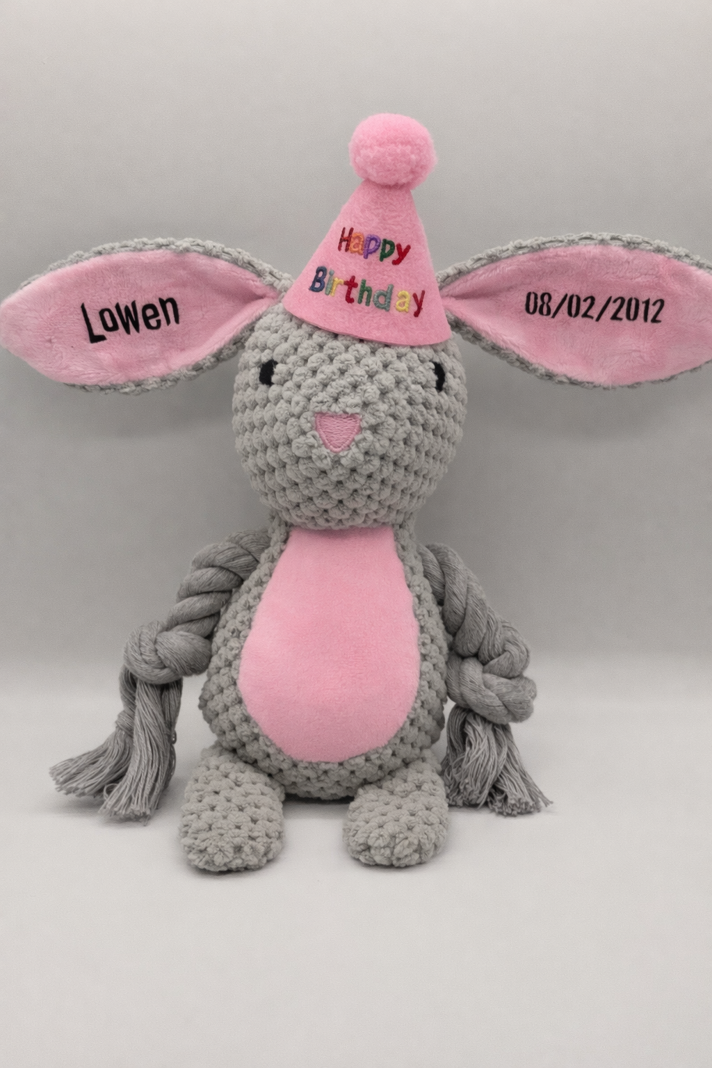 Personalised Bunny Dog Toy with birthday hat | Dog Name & Date Keepsake