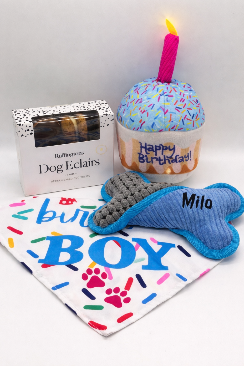 Personalised Birthday Dog Gift Set – Plush Name Bone, Birthday Bandana & Treats