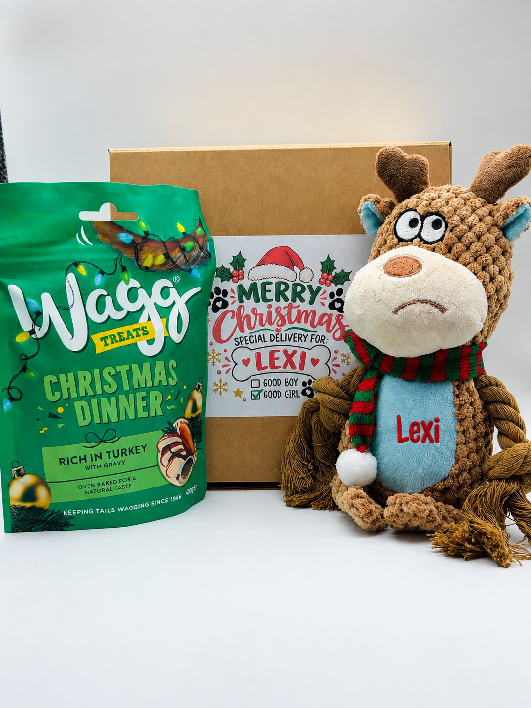 Personalised Christmas Dog Gift Box – Toy & Treats Bundle