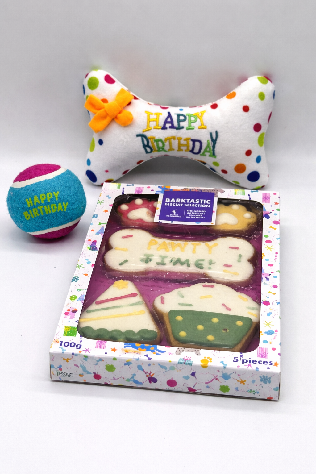 Personalised Pet Birthday Gift Set – Dog Birthday Toy & Biscuit Box (Blue or Pink)