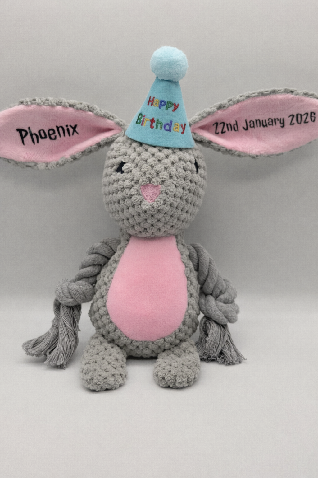 Personalised Bunny Dog Toy with birthday hat | Dog Name & Date Keepsake