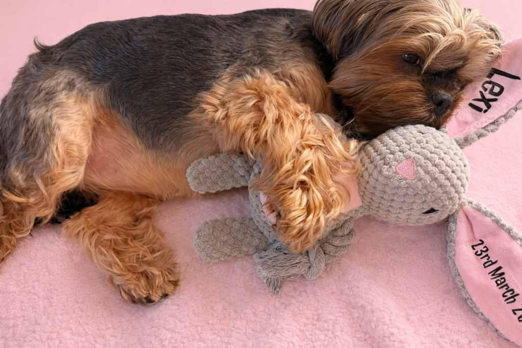 Personalised Bunny Dog Toy with birthday hat | Dog Name & Date Keepsake