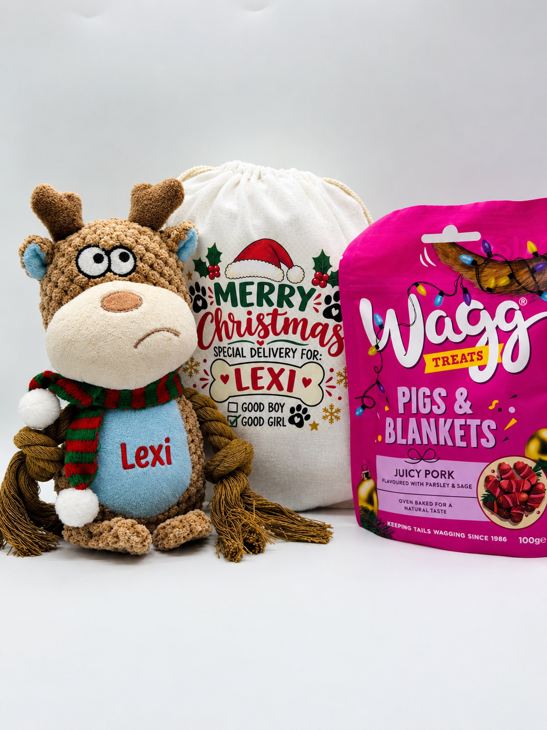 Personalised Christmas Dog Gift Box – Toy & Treats Bundle