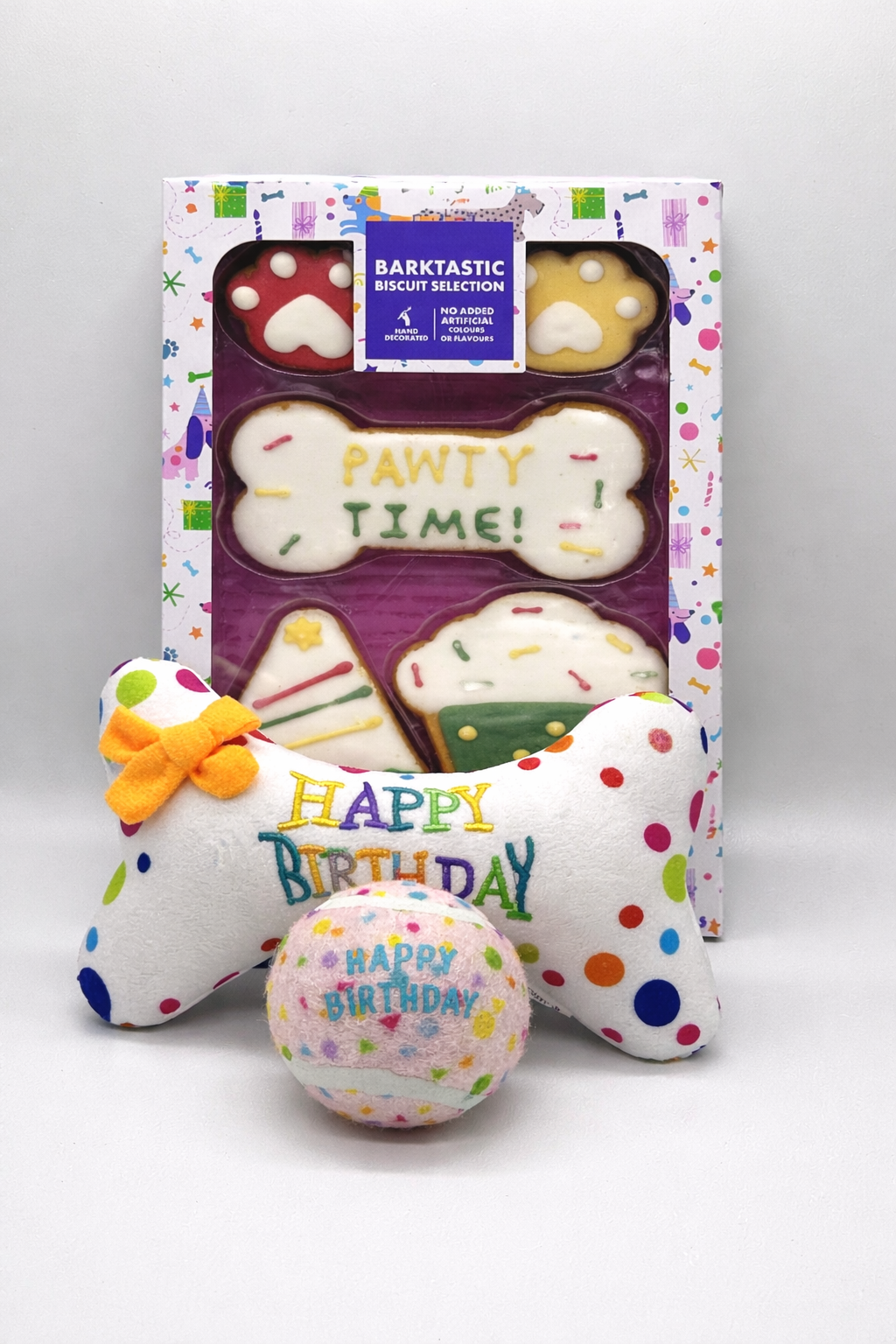 Personalised Pet Birthday Gift Set – Dog Birthday Toy & Biscuit Box (Blue or Pink)