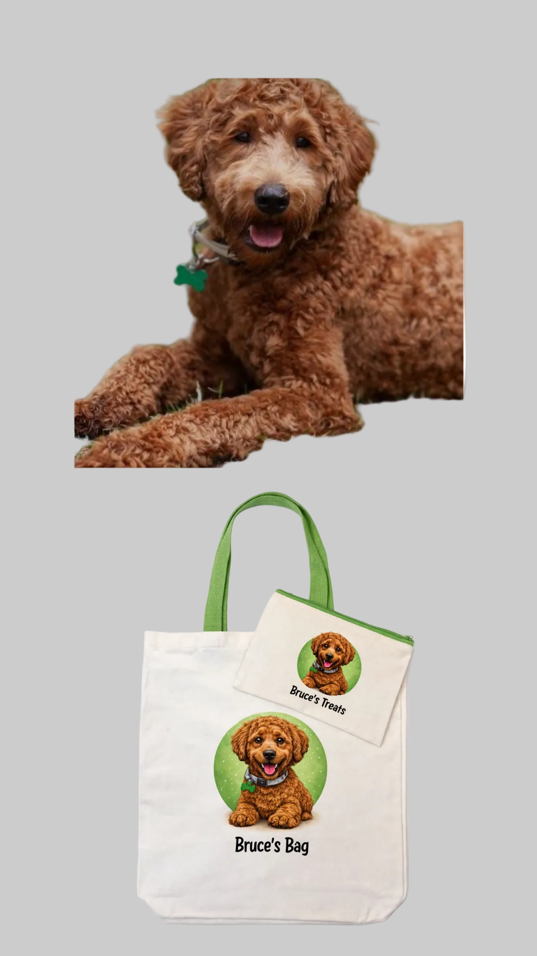 Personalised Pet Cartoon Tote Bag & Matching Treat Pouch – Custom Illustration from Your Photo