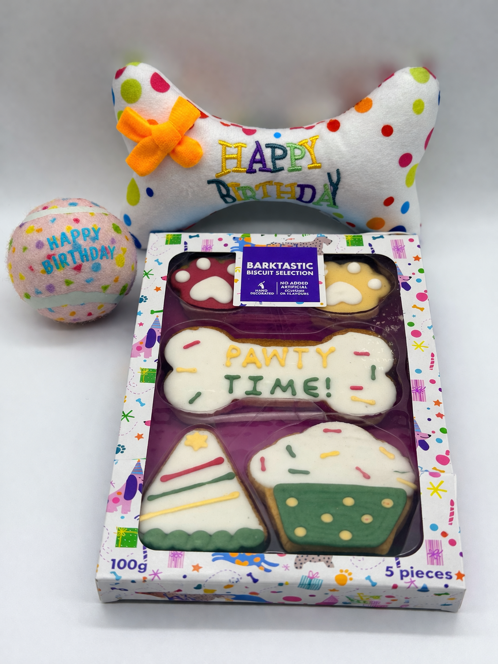 Personalised Pet Birthday Gift Set – Dog Birthday Toy & Biscuit Box (Blue or Pink)