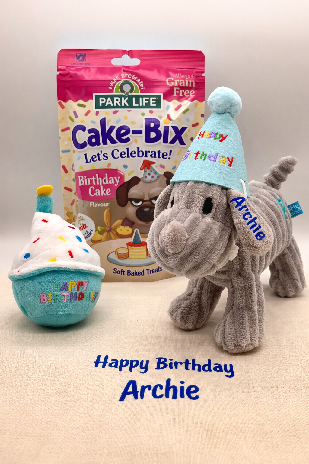 Personalised Dog Birthday Gift Set With soft toys and birthday treats