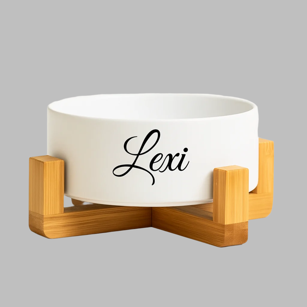 Personalised Ceramic Pet Bowl with Bamboo Stand - 850ml (White)