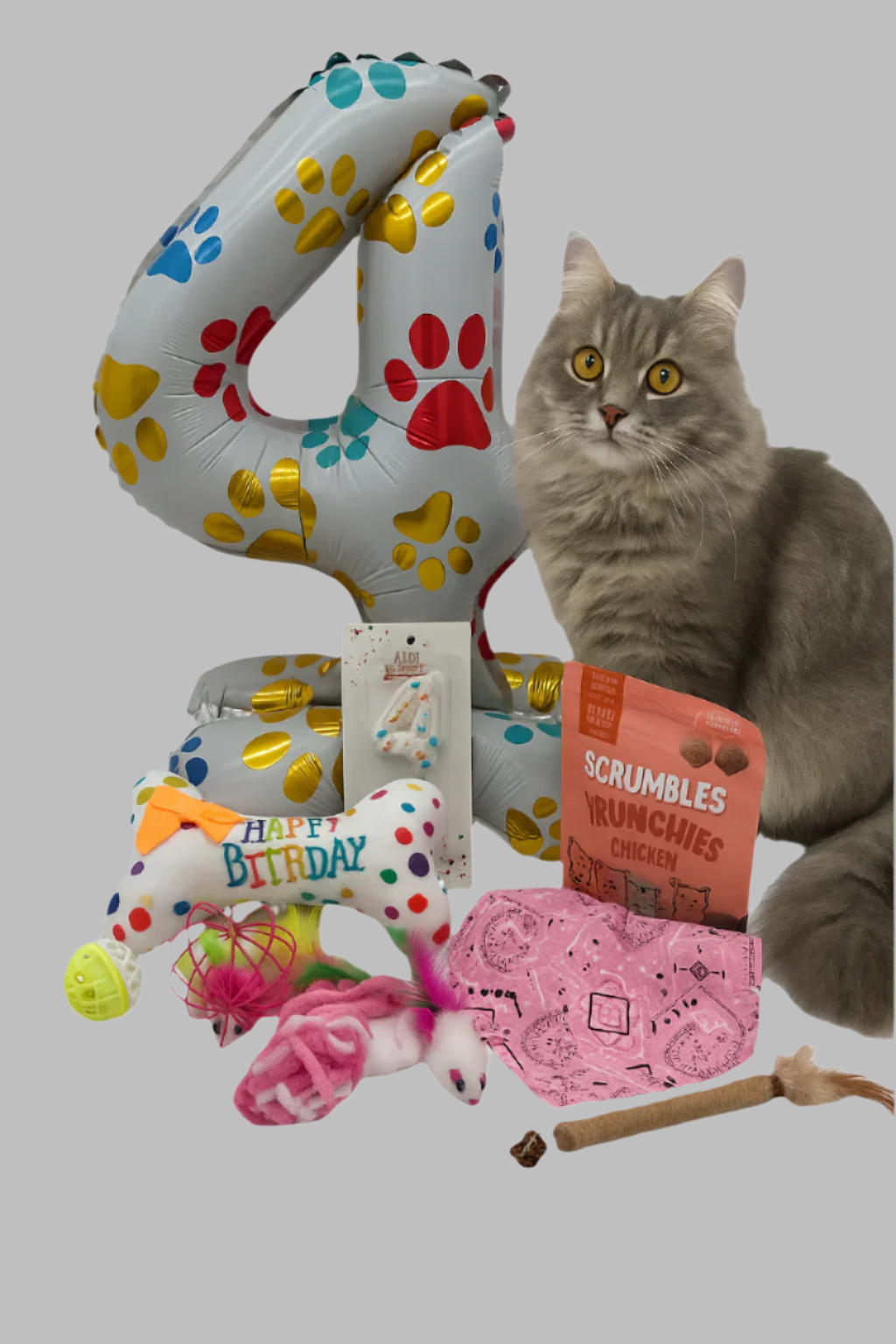 Cat Birthday Surprise with treats, balloon, candle, toys and bandana