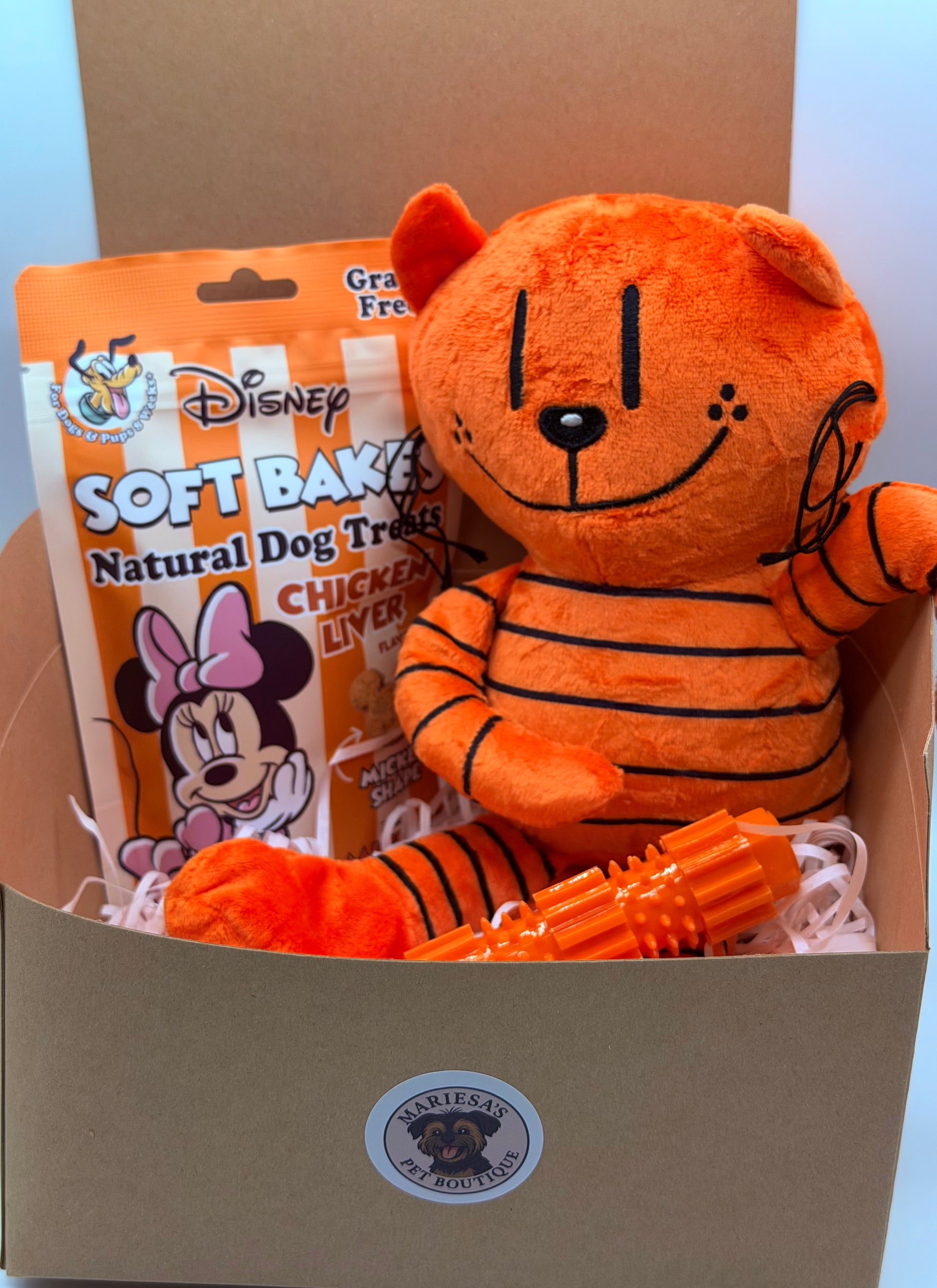 Dog personalised birthday box with treats, soft toy and dog chew