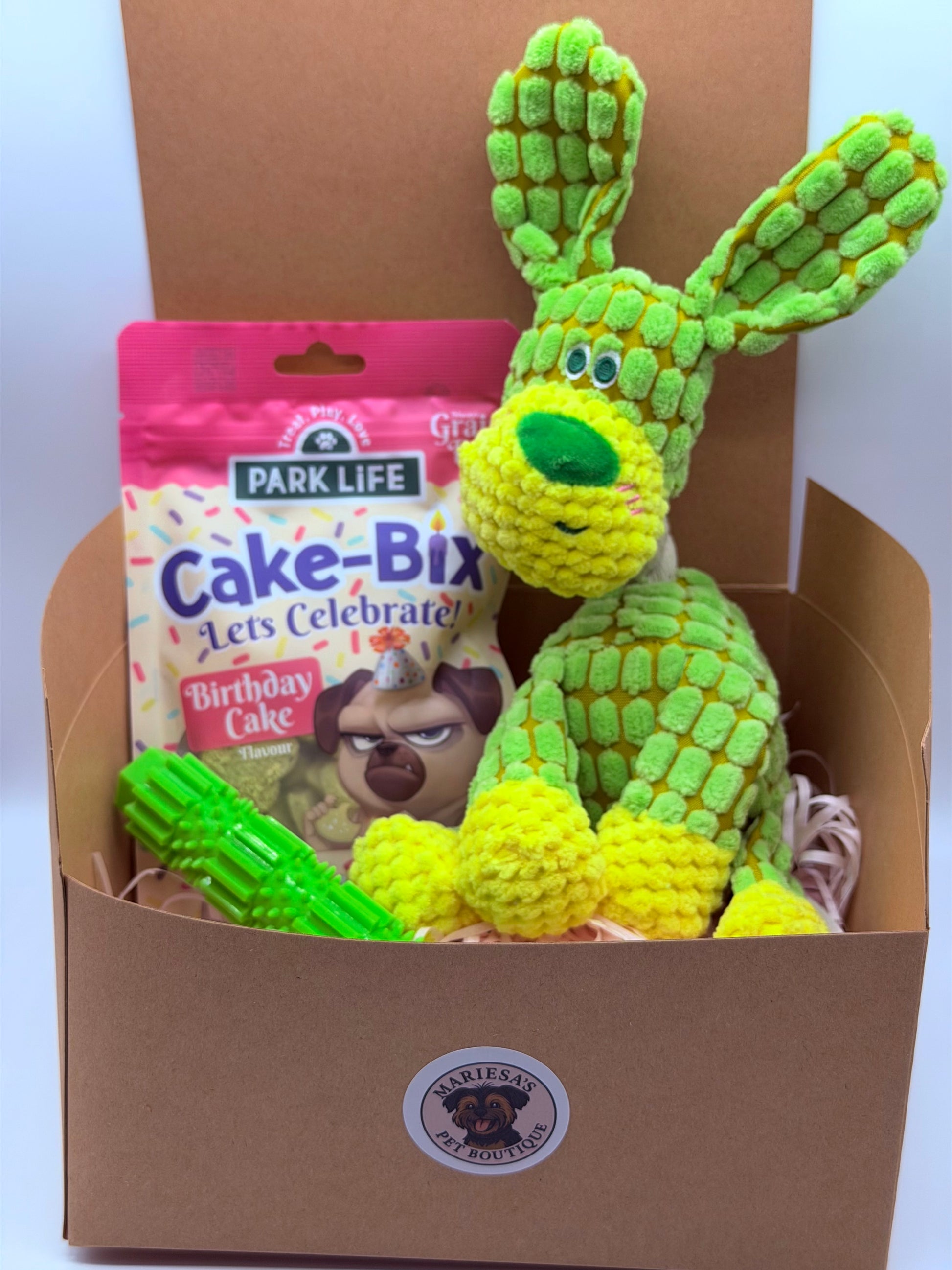 Dog personalised birthday box with treats, soft toy and dog chew