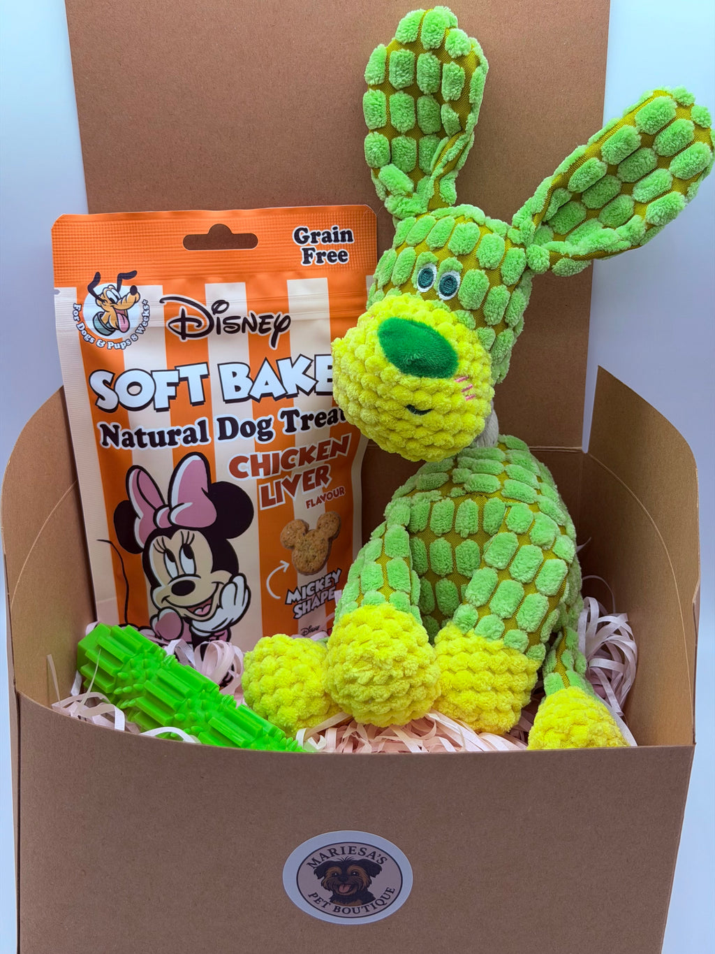 Dog personalised birthday box with treats, soft toy and dog chew