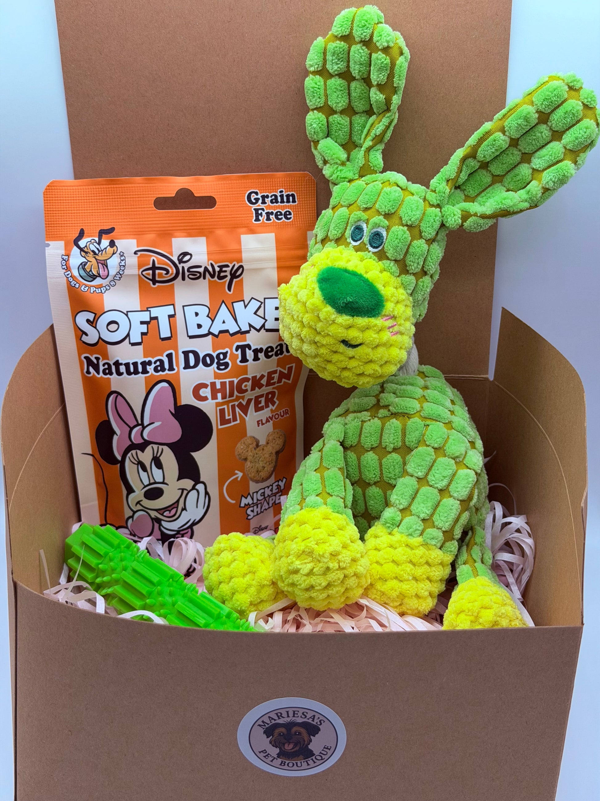 Dog personalised birthday box with treats, soft toy and dog chew