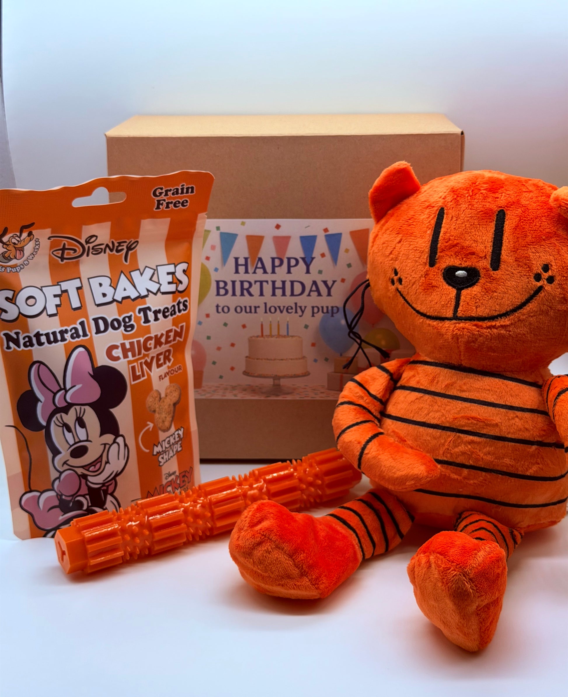 Dog personalised birthday box with treats, soft toy and dog chew