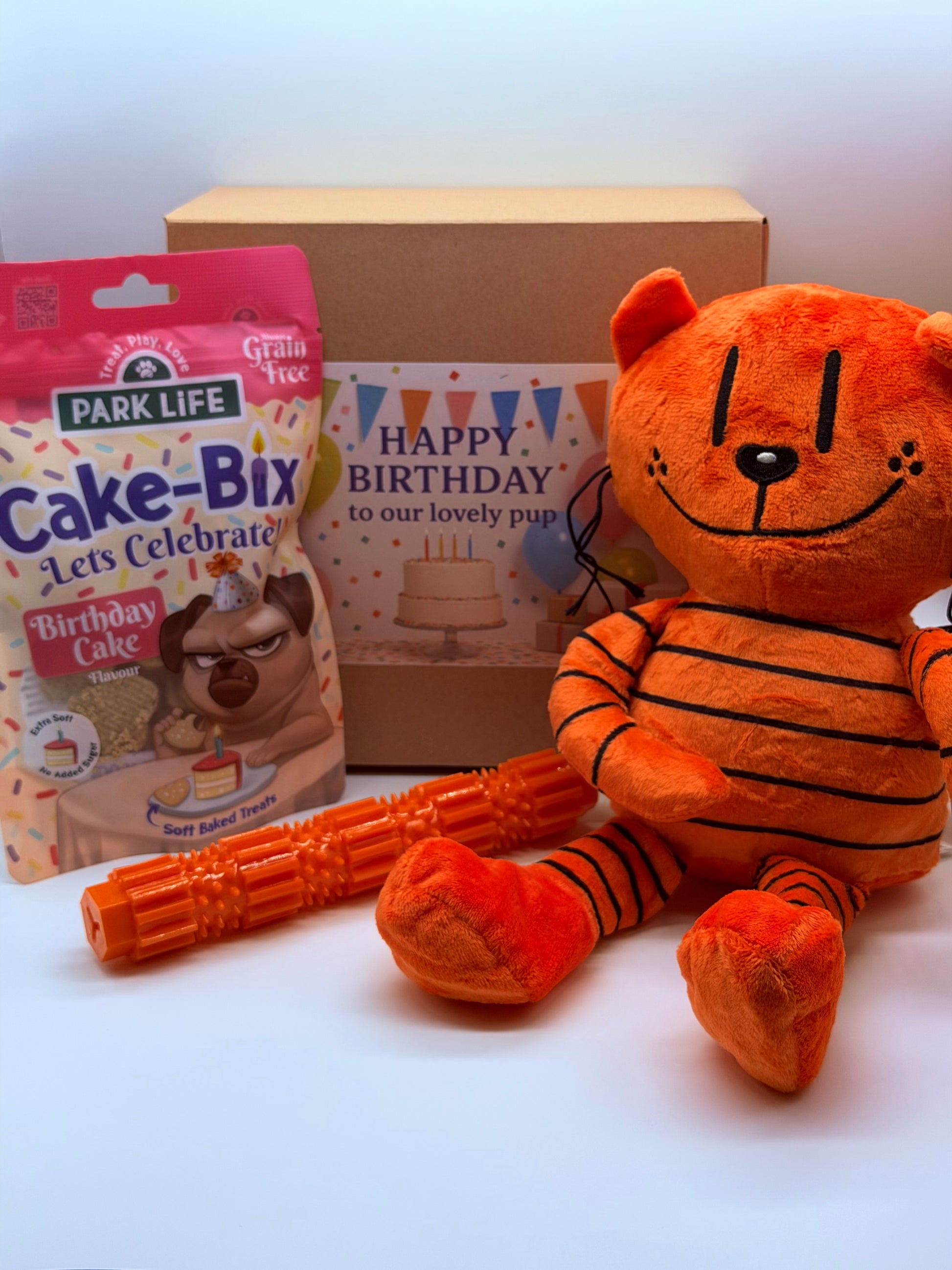 Dog personalised birthday box with treats, soft toy and dog chew