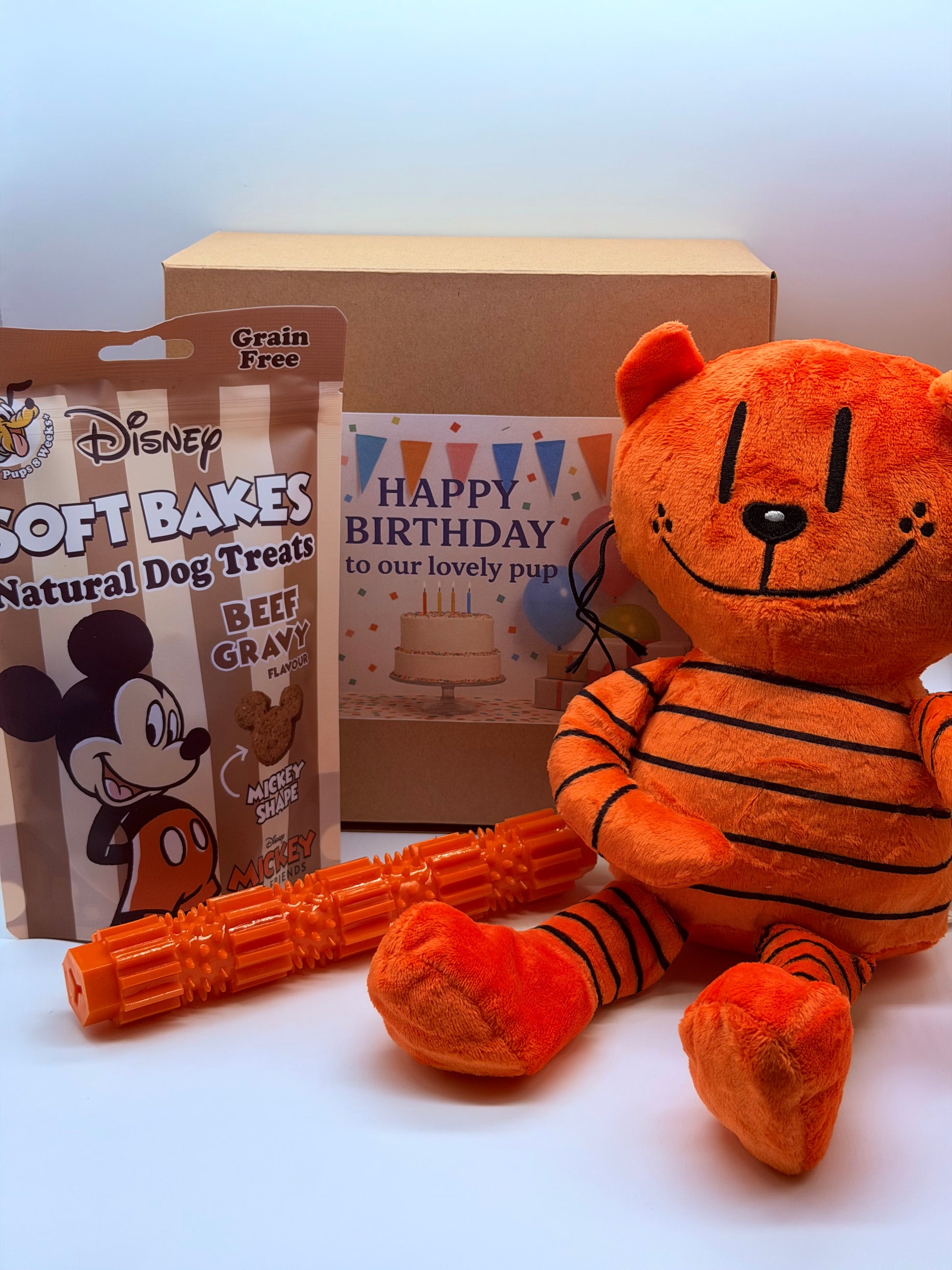 Dog personalised birthday box with treats, soft toy and dog chew