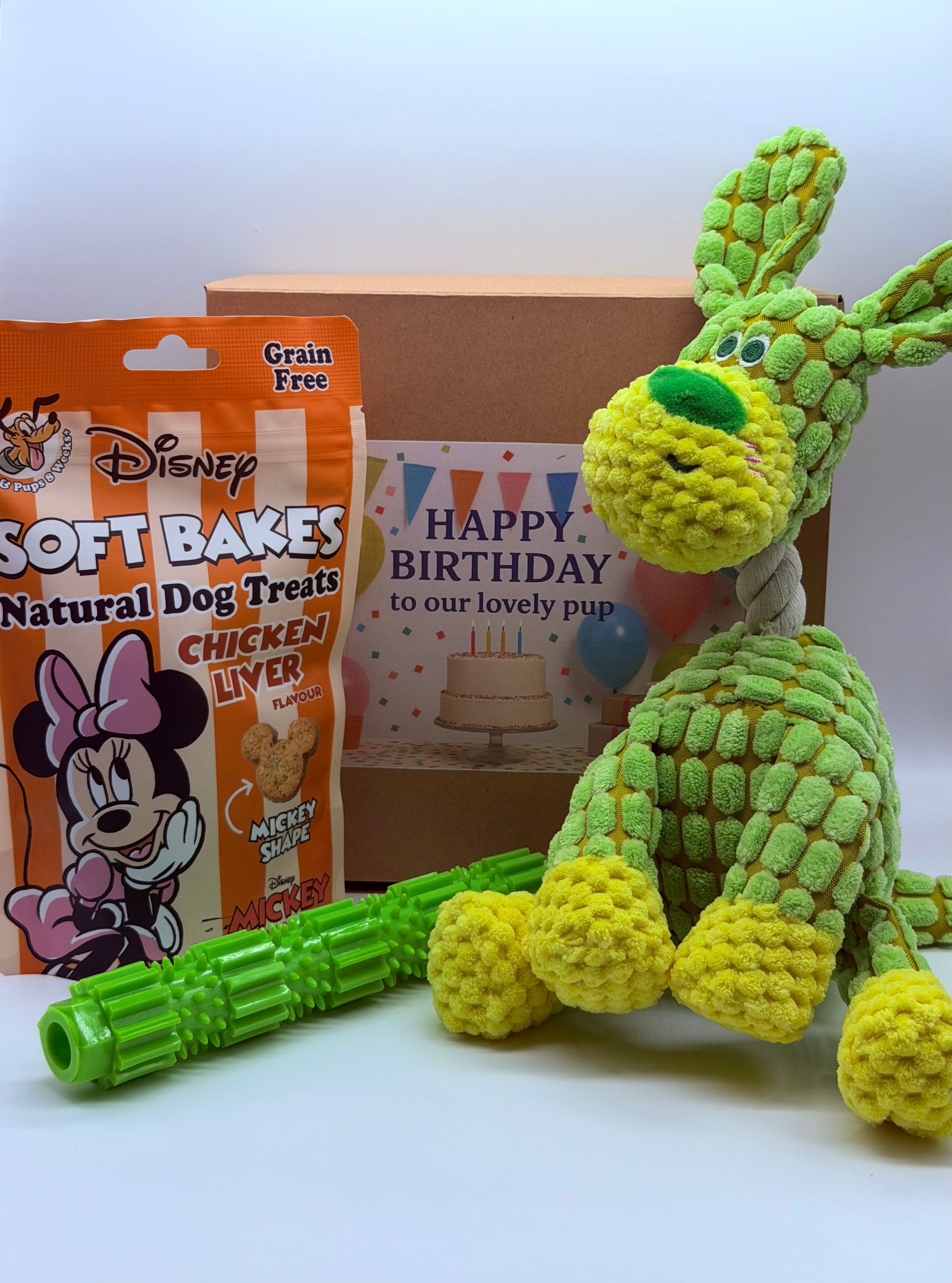 Dog personalised birthday box with treats, soft toy and dog chew