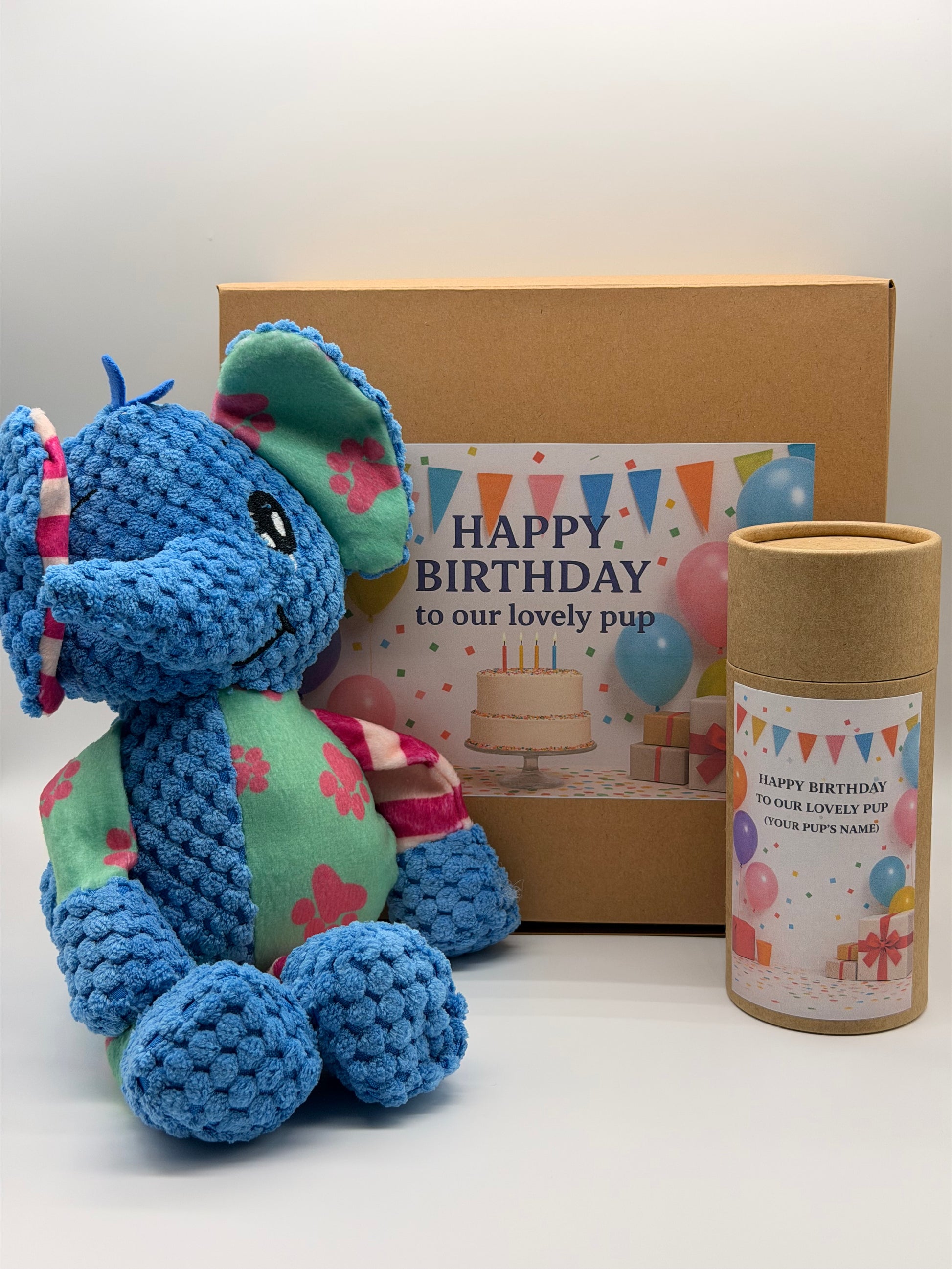 Personalised dog birthday box with treats and a soft toy of your choice