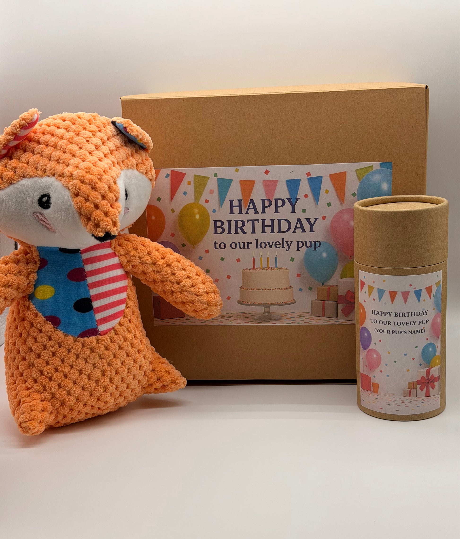 Personalised dog birthday box with treats and a soft toy of your choice