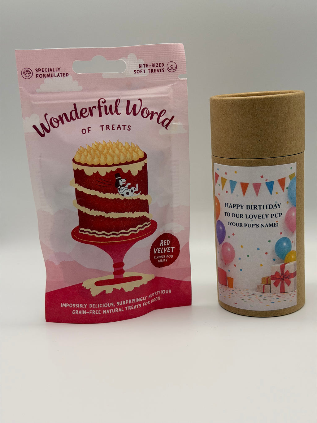 Personalised dog birthday box with treats and a soft toy of your choice