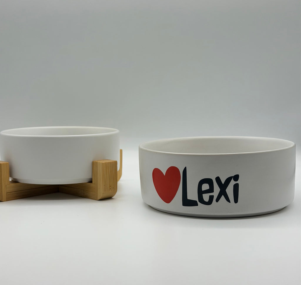 Personalised Pet Food and Water Bowl with Bamboo Stand
