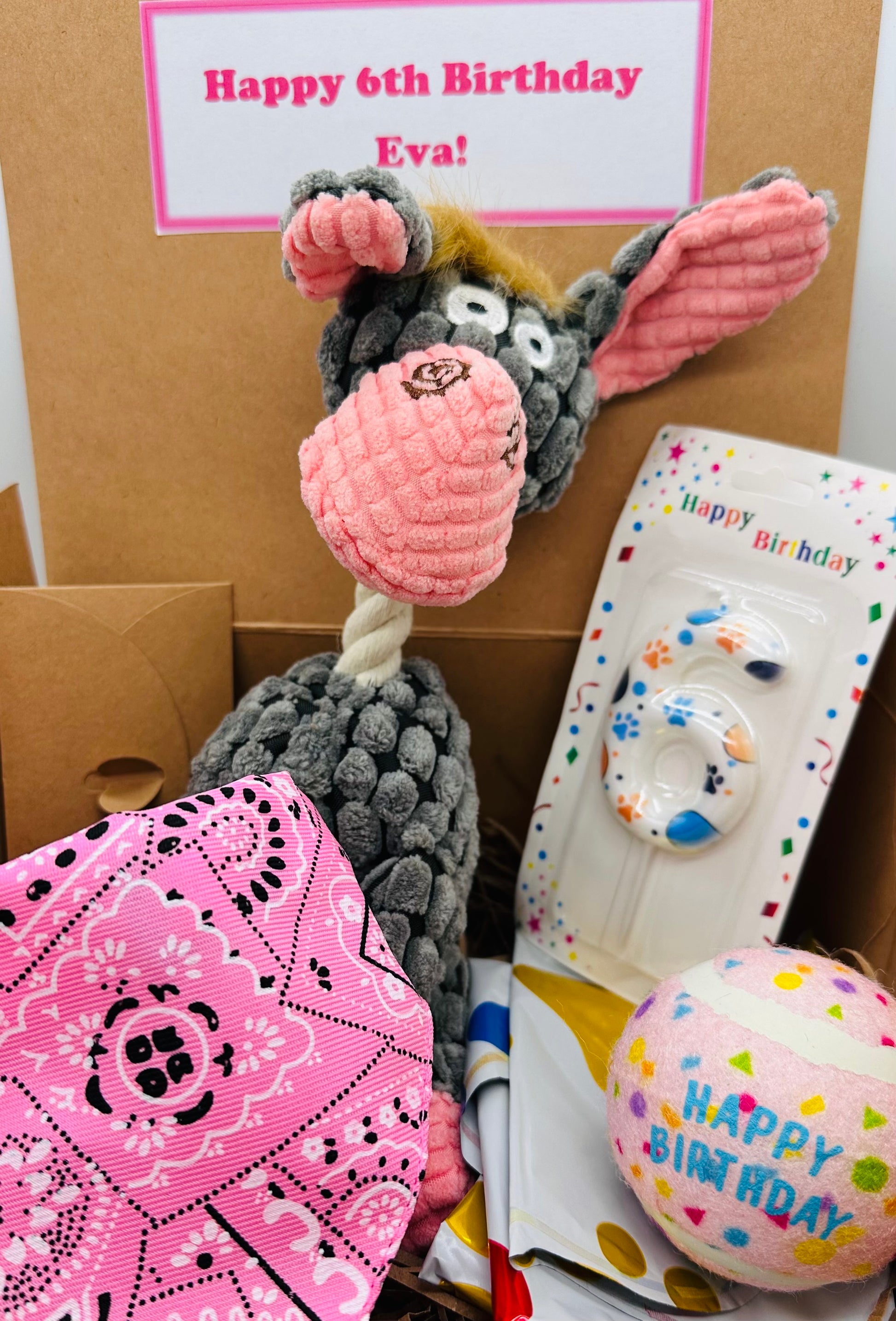 Dog Birthday Surprise with balloon, number candle, soft toy, ball and bandana