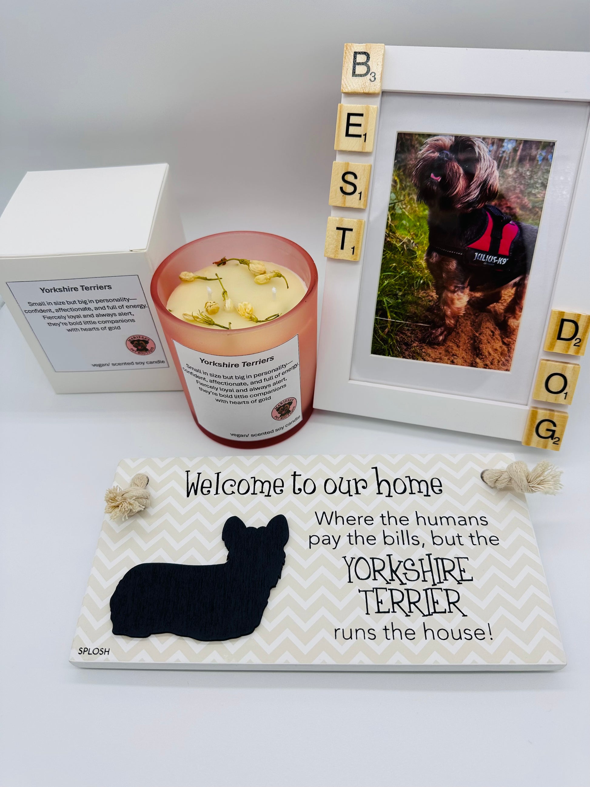 Yorkshire Terrier Lovers Gift Set with candle, photo frame and wooden plaque