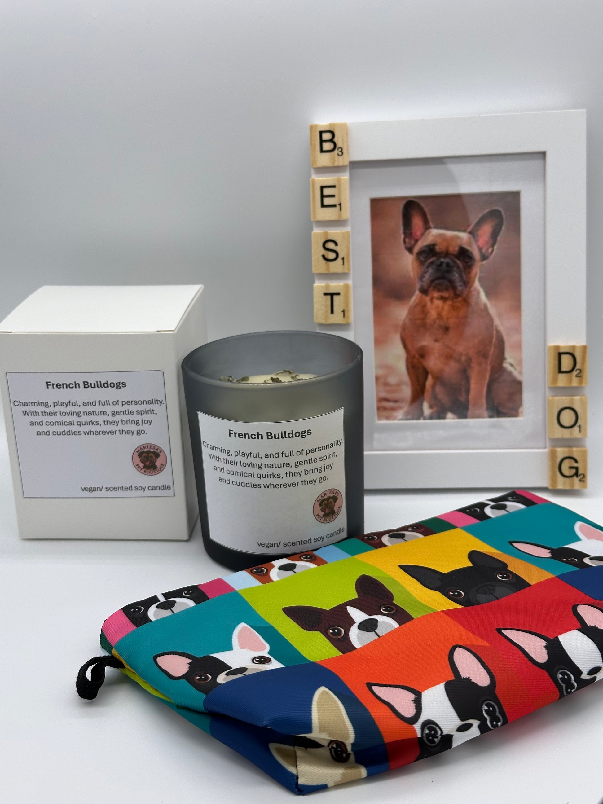 French Bulldog Lovers Gift Set with photo frame, candle and pouch