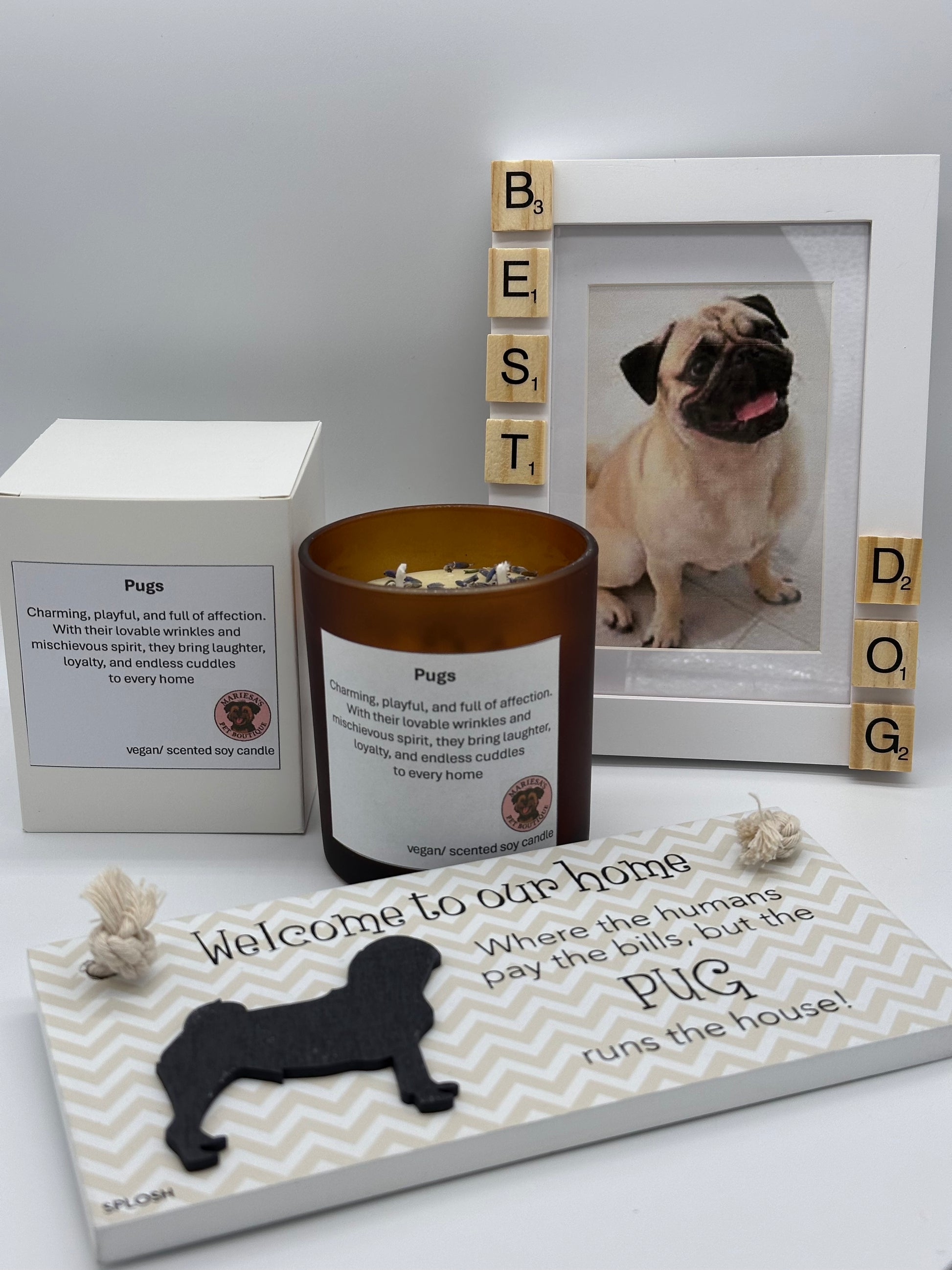 Pug Lovers Gift Set with candle and wooden photo frame