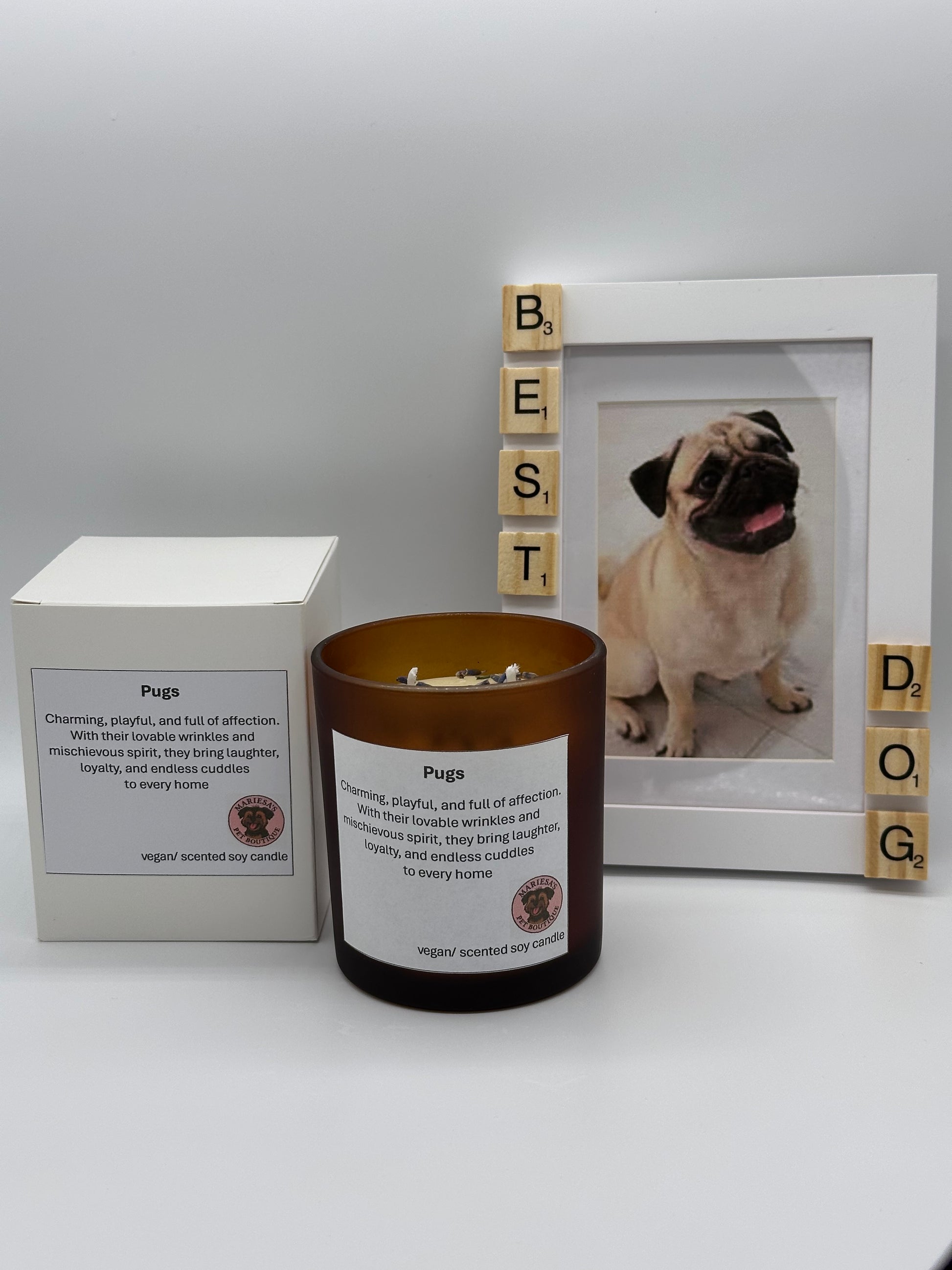 Pug Lovers Gift Set with candle and wooden photo frame