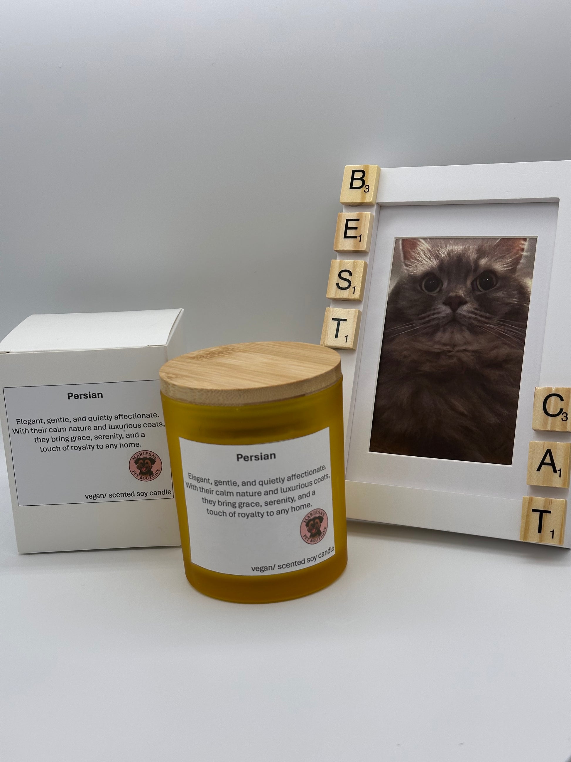 Persian Cat Lover’s Gift Set with wooden photo frame and candle
