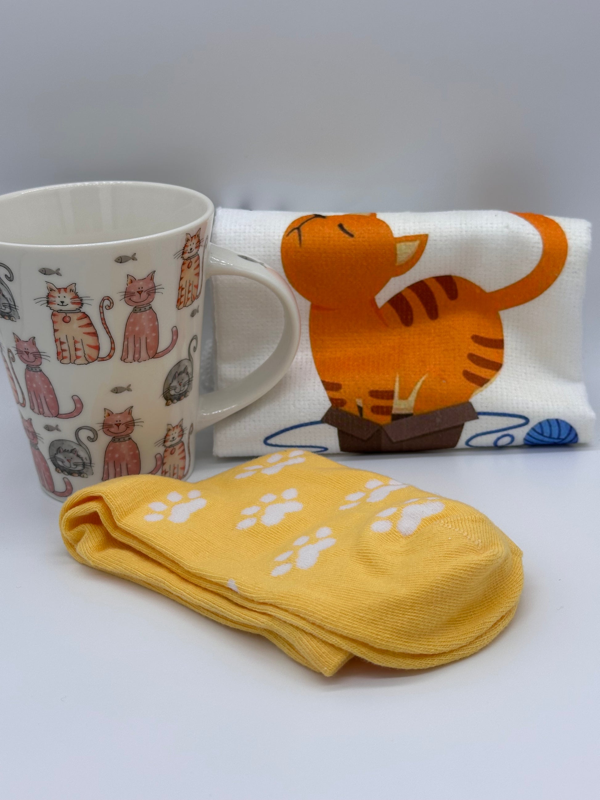Cat Lover’s Gift Set with wooden photo frame, cat mug, cat tea towel and cat socks