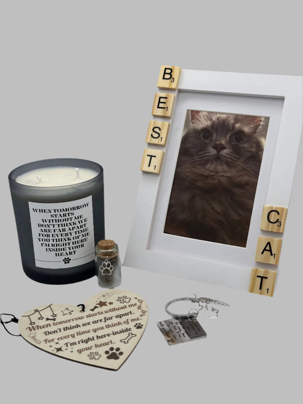 Pet Memorial Keepsake Box with wooden photo frame, candle, sign, glass keepsake bottle and more