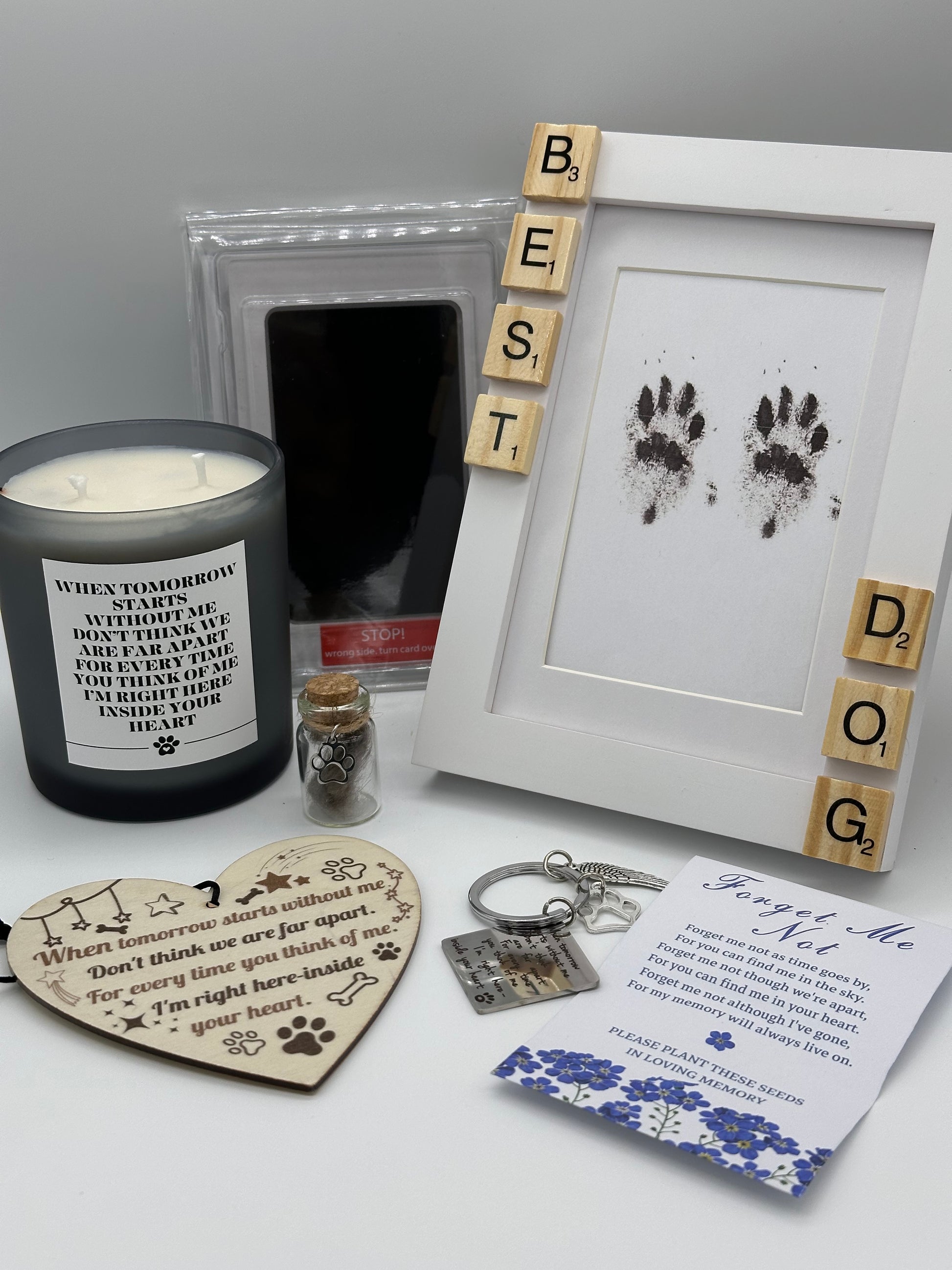 Pet Memorial Keepsake Box with wooden photo frame, candle, sign, glass keepsake bottle and more