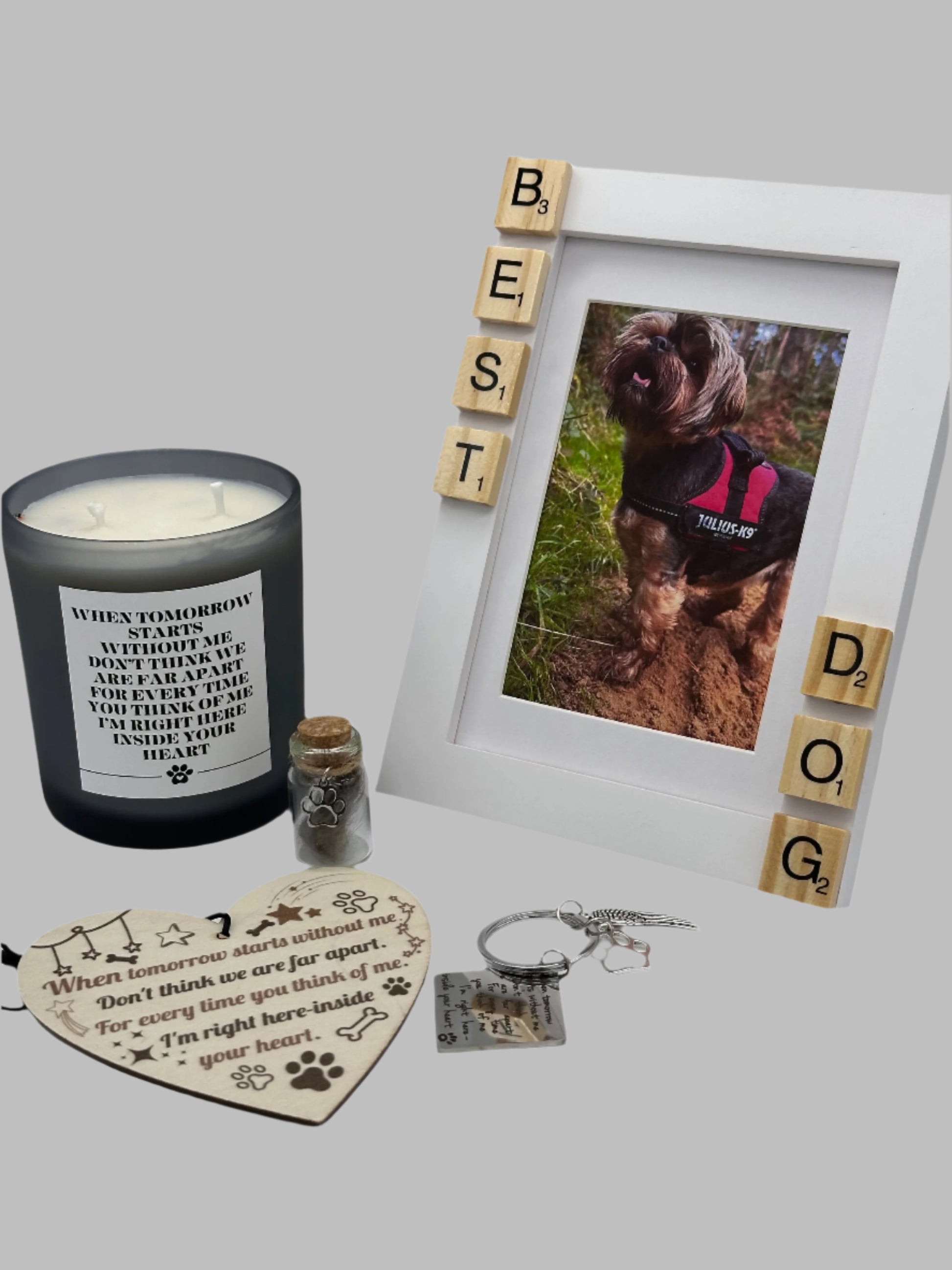 Pet Memorial Keepsake Box with wooden photo frame, candle, sign, glass keepsake bottle and more