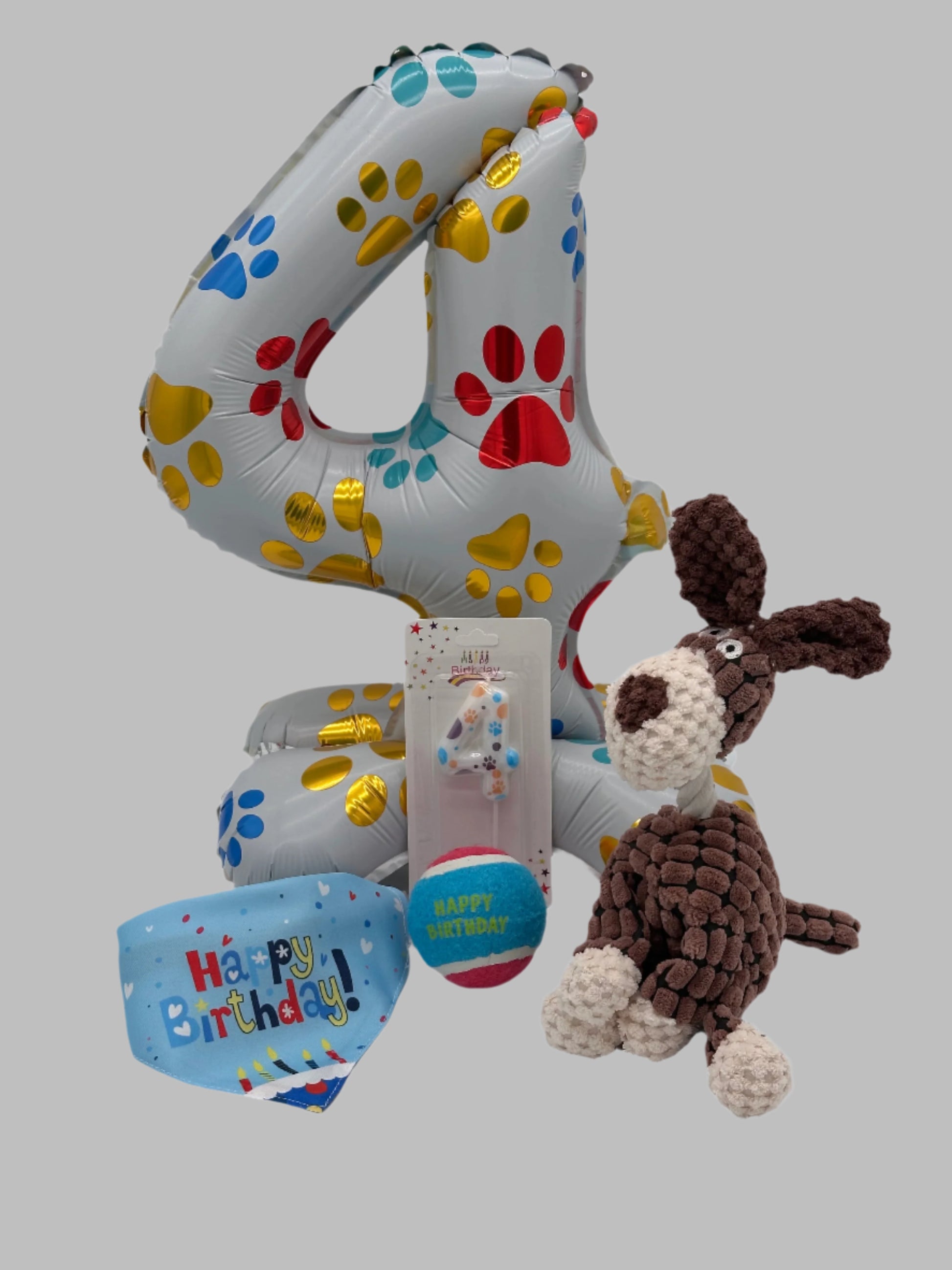 Dog Birthday Surprise with balloon, number candle, soft toy, ball and bandana