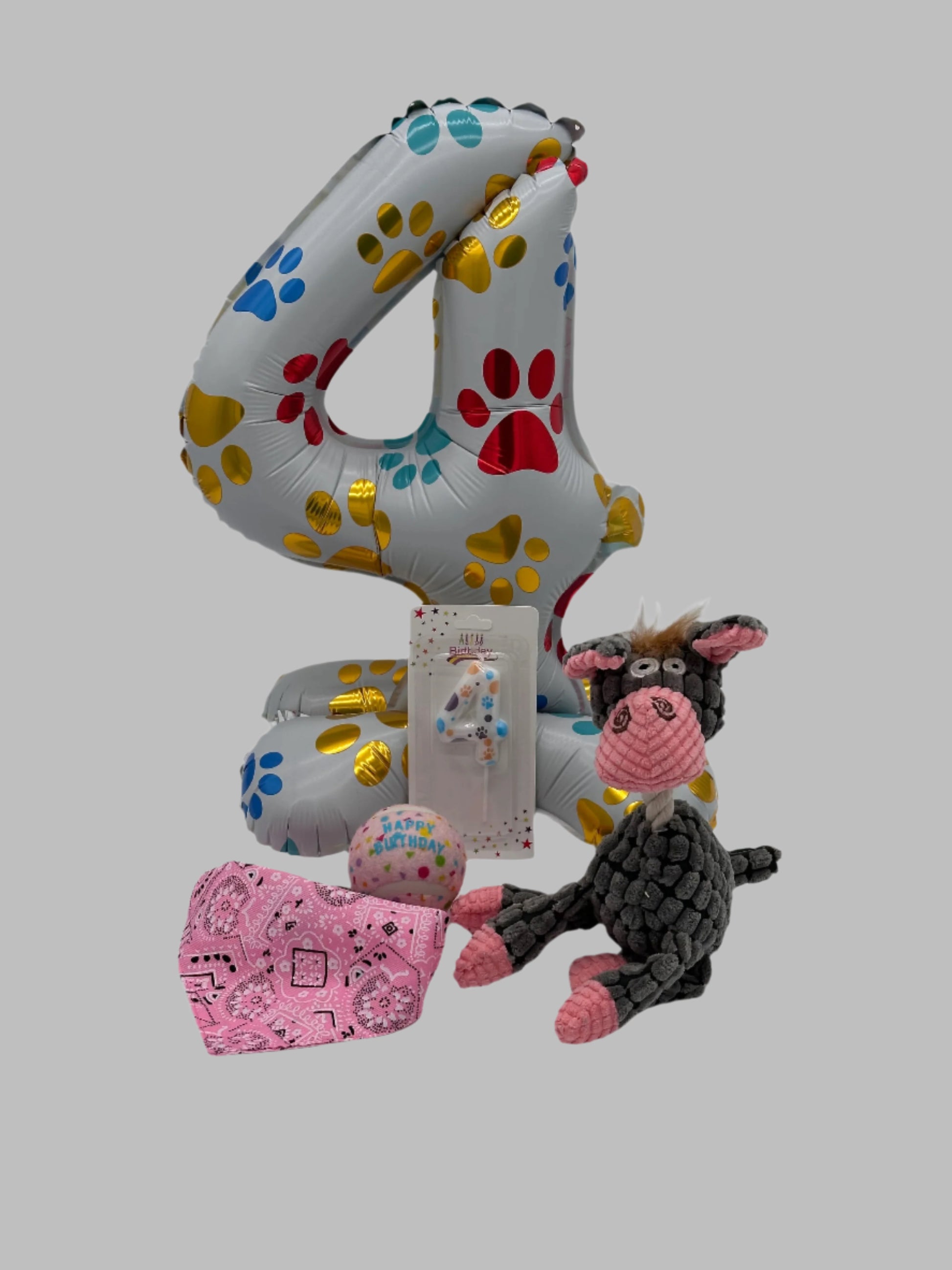 Dog Birthday Surprise with balloon, number candle, soft toy, ball and bandana