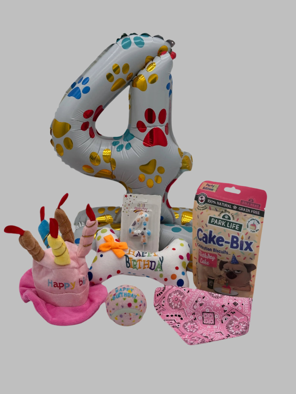 Dog Large Birthday Surprise with treats, birthday hat, bandana, balloon, candle and ball