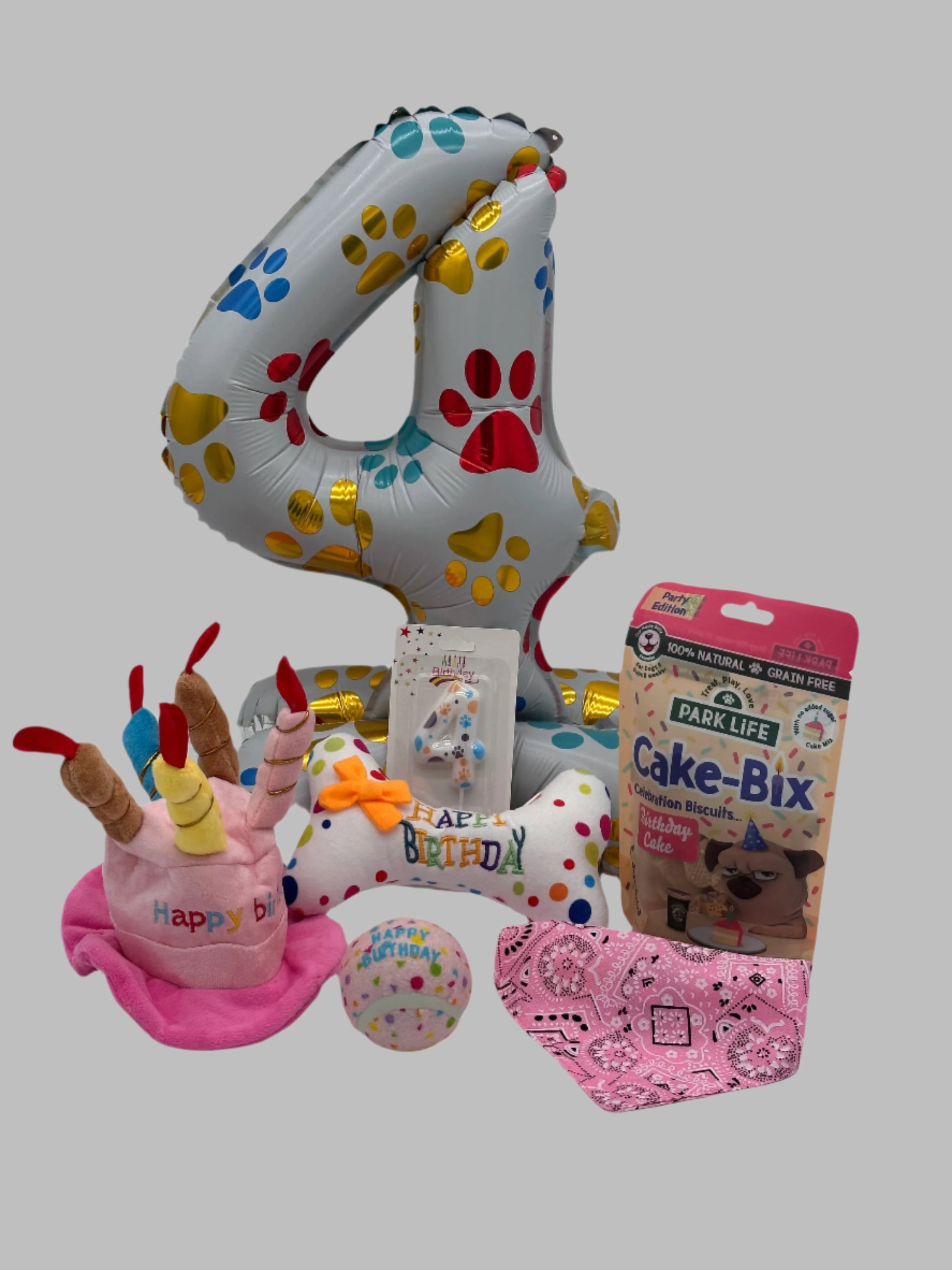 Dog Large Birthday Surprise with treats, birthday hat, bandana, balloon, candle and ball