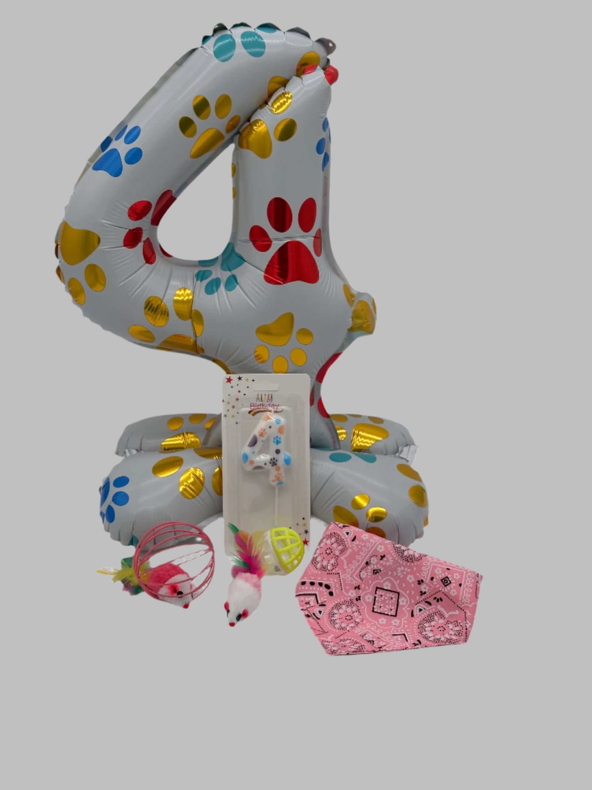 Cat Birthday Surprise with balloon, candle, toys and bandana