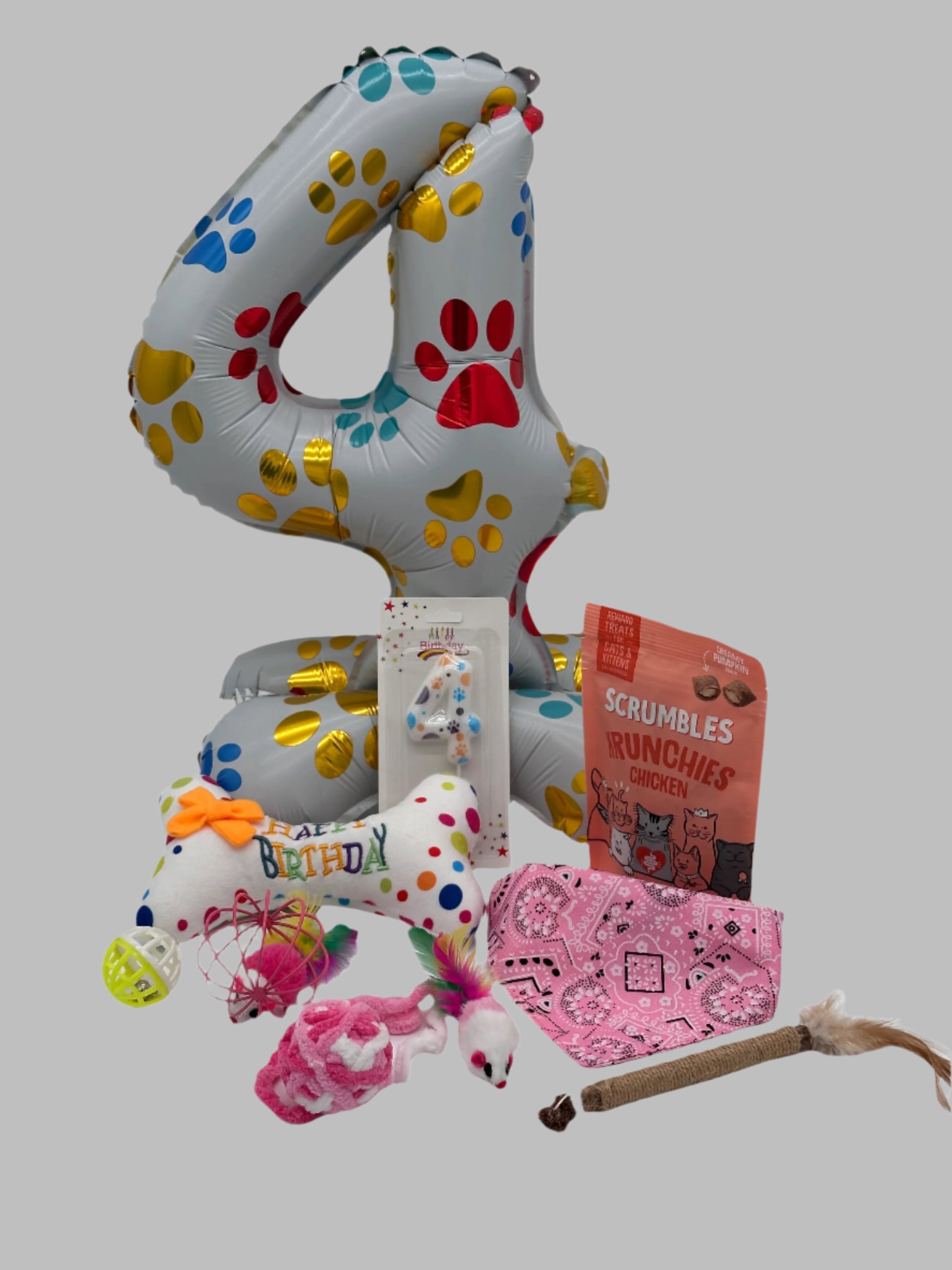 Cat Birthday Surprise with treats, balloon, candle, toys and bandana