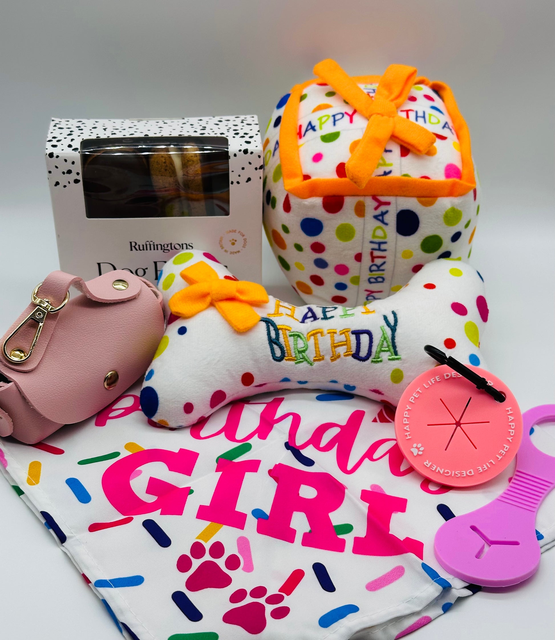 Dog Birthday gift box with treats, bandana, walking essentials, dog bone and present