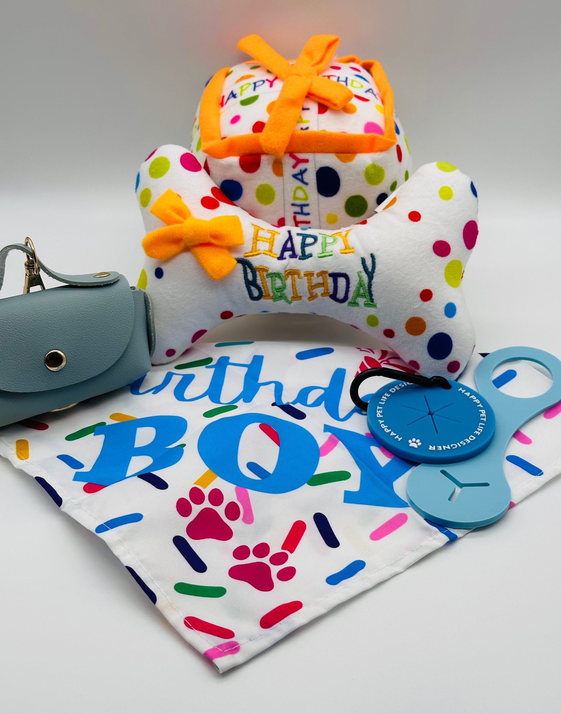 Dog Birthday gift box with treats, bandana, walking essentials, dog bone and present