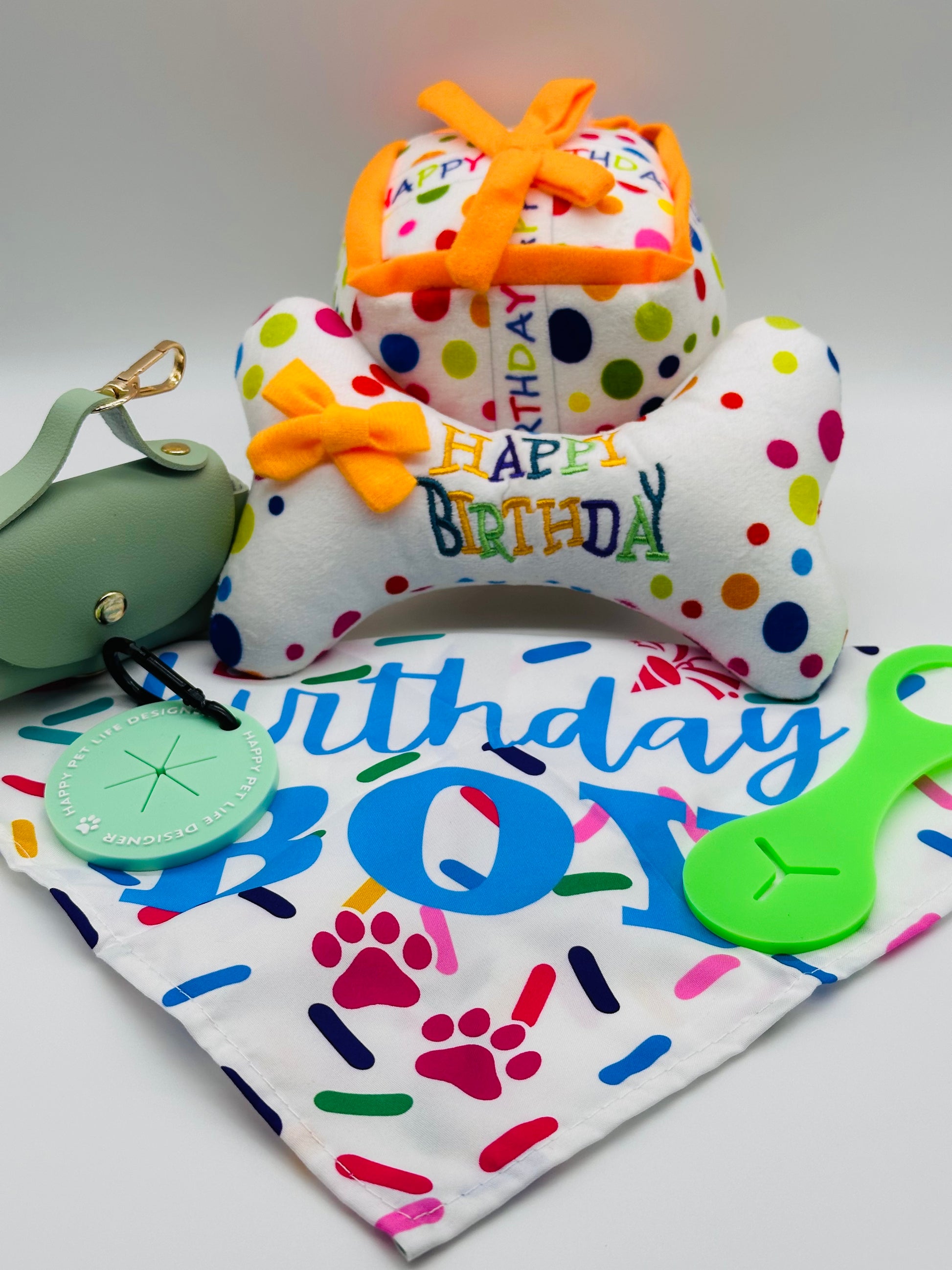 Dog Birthday gift box with treats, bandana, walking essentials, dog bone and present
