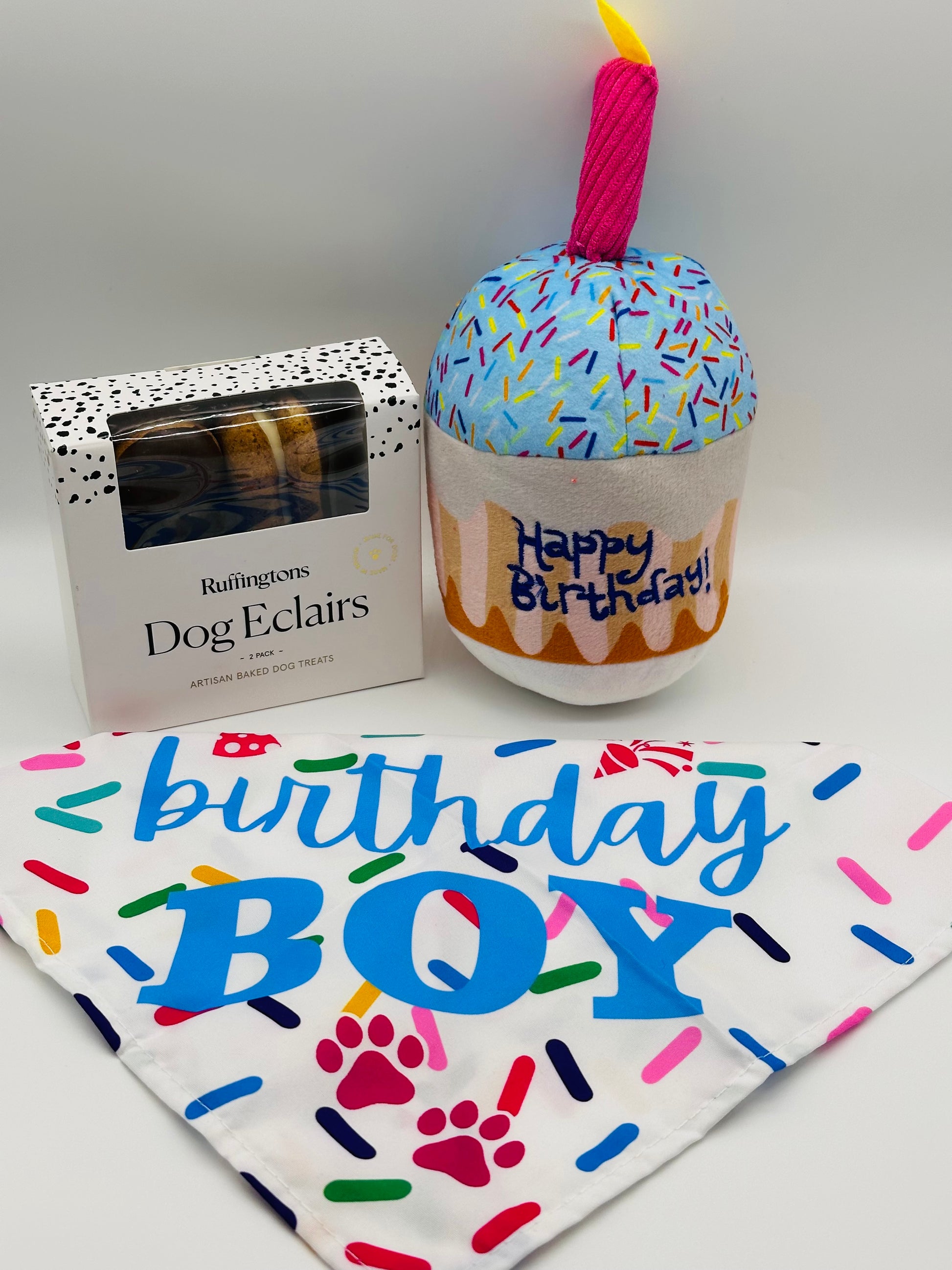 Dog Birthday Present with treats, cupcake toy and bandana