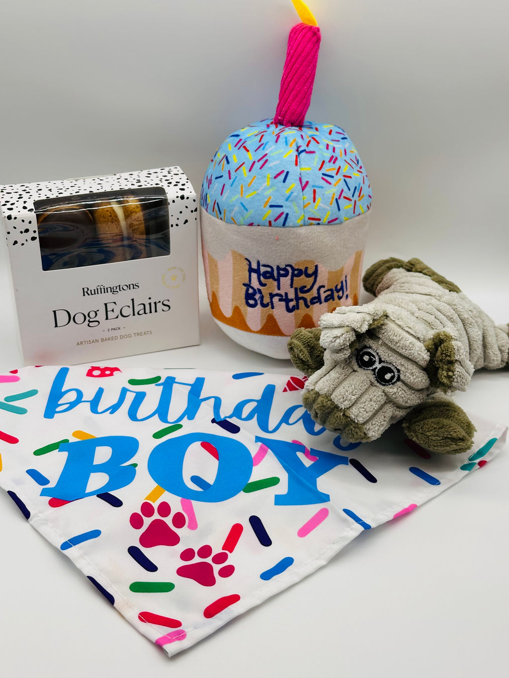Personalised Birthday Dog Gift Set – Plush Name Bone, Birthday Bandana & Treats