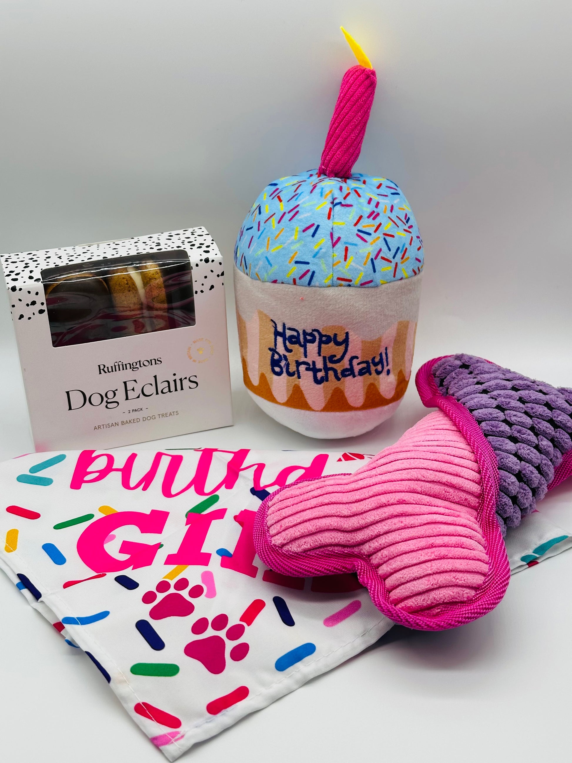 Dog Cupcake Birthday Edition with treats, soft cupcake toy, bone and bandana