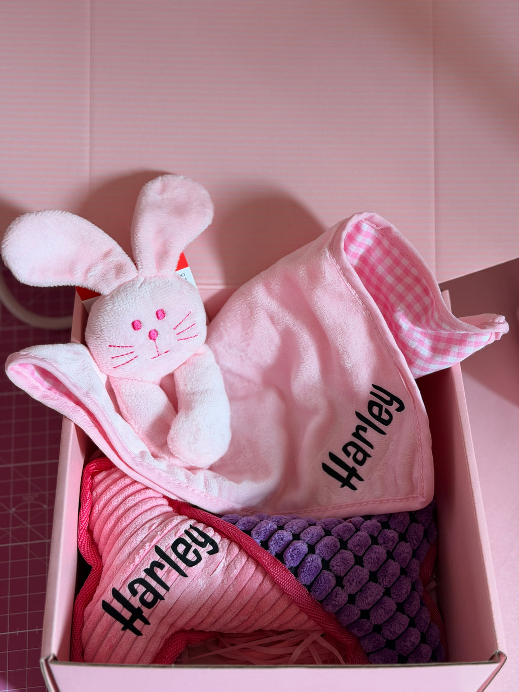 Personalised Comforter Puppy Toy – Pink Rabbit or Blue Bear