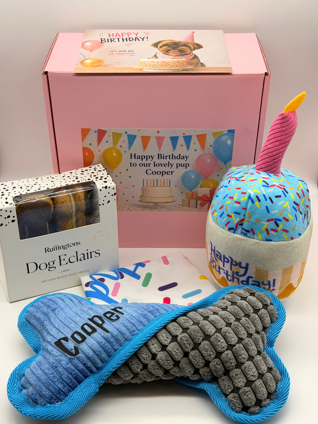 Personalised Birthday Dog Gift Set – Plush Name Bone, Birthday Bandana & Treats